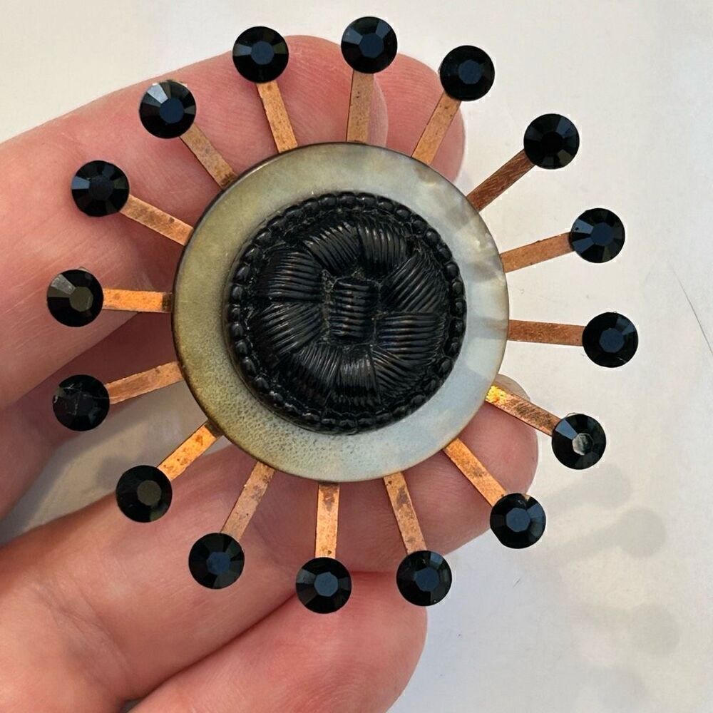 Upcycled Atomic Starburst Refrigerator Magnet Buttons Rhinestones Black Faux She